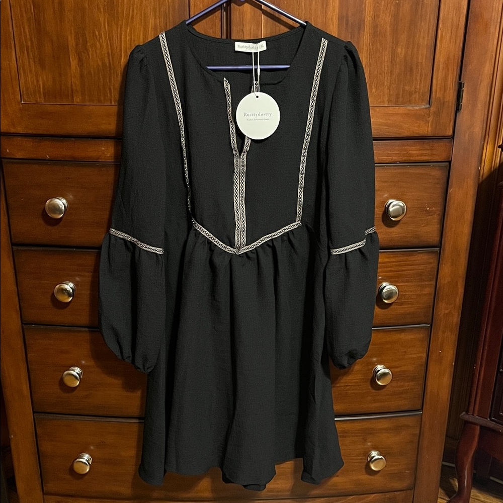 Black Long Sleeve Dress with Embroidered Trim